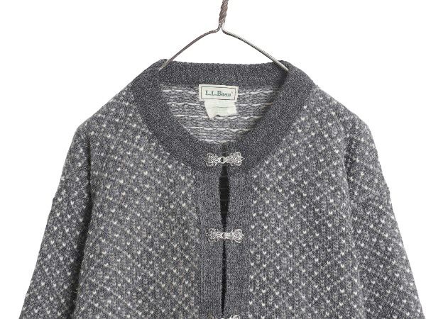 90s ノルウェー製 エルエルビーン バーズアイ ニット カーディガン レディース XL ウール セーター 前開き 羽織り 大きいサイズ