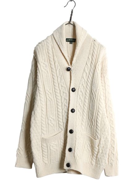 アイルランド製 オービス ショール フィッシャーマン ニット カーディガン メンズ L アラン ケーブル メリノ ウール セーター 前開き