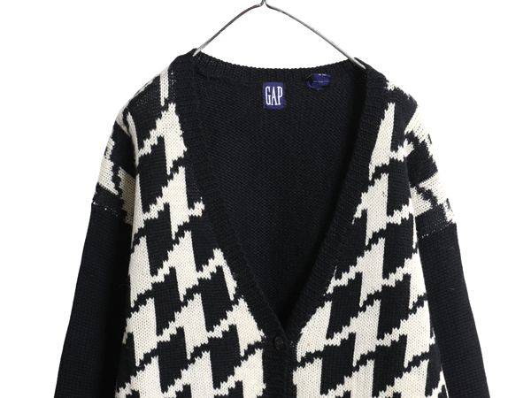 90s ギャップ ウール デザイン ニット カーディガン レディース М 大きめ L 程 紺タグ ロング セーター 千鳥格子 前開き 重ね着