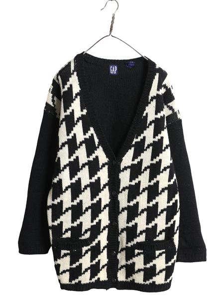 90s ギャップ ウール デザイン ニット カーディガン レディース М 大きめ L 程 紺タグ ロング セーター 千鳥格子 前開き 重ね着