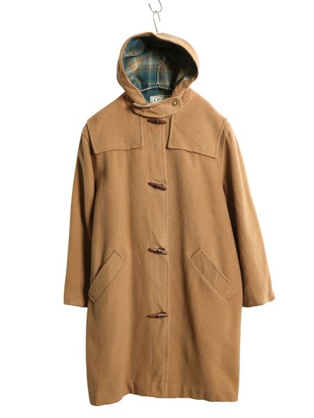 80s エルエルビーン ダッフル コート レディース L ヴィンテージ 旧タグ メルトン ウール ロング チェック ライナー付き キャメル