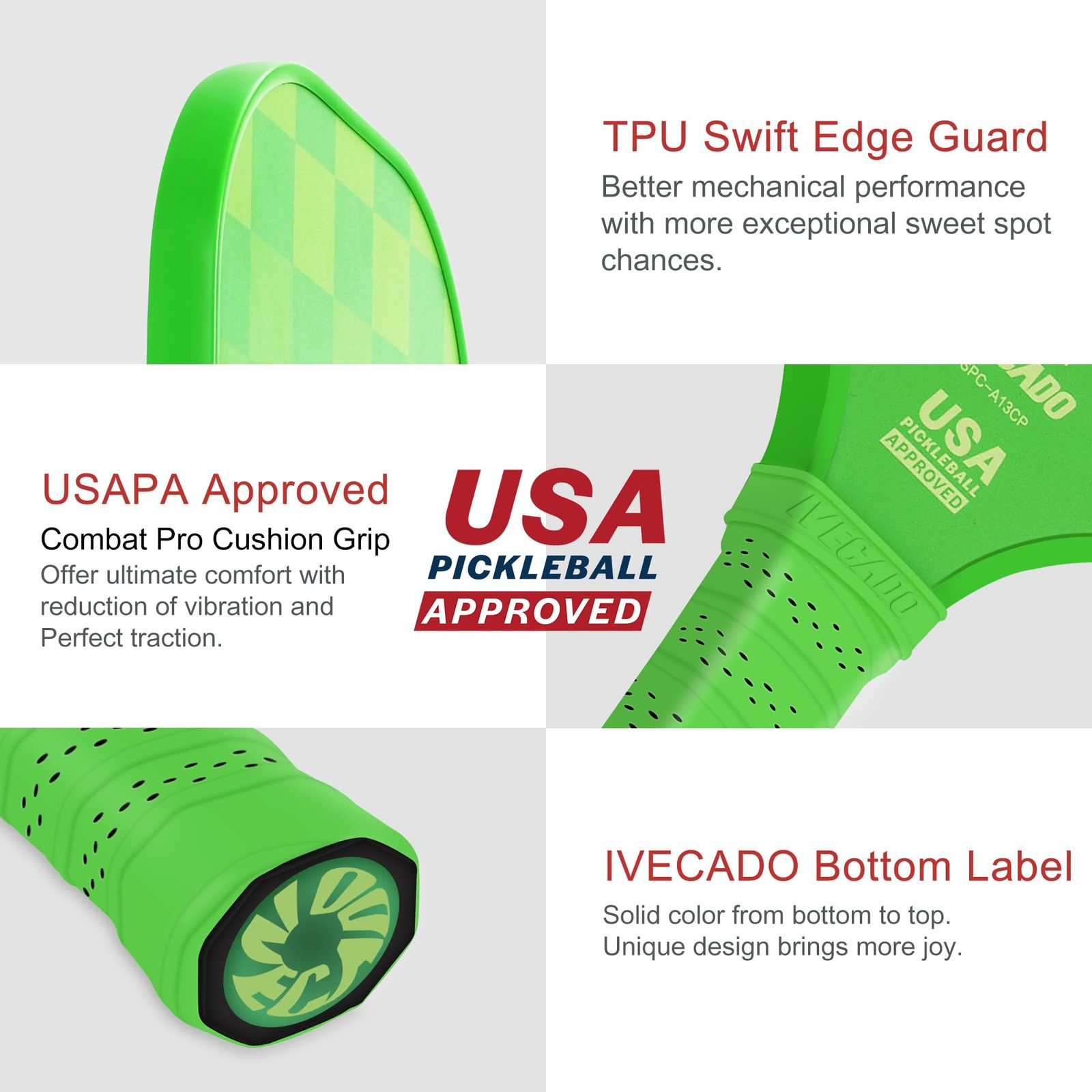  IVECADO ピックルボールパドルラケット グリーンカーボンファイバーUSAPA承認 クールピックルボールラケット カバー付き 男女兼用 グリーン ガット テニス