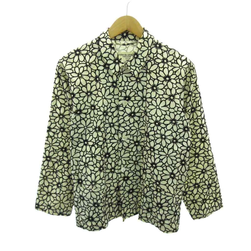 ローブドシャンブル robe de chambre ヴィンテージ AD1993 シャツ 花柄 フロッキープリント 長袖 白 黒 ホワイト ブラック 1108