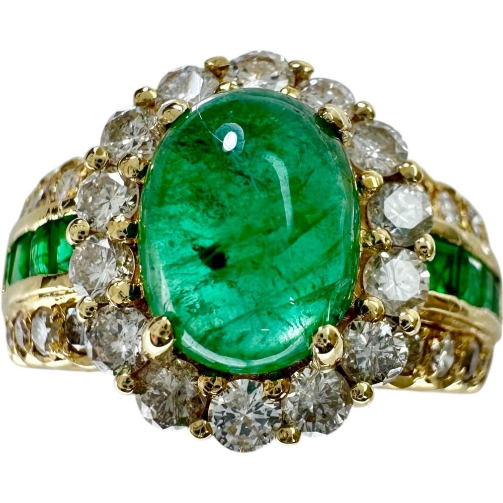 10.5号 中央カボションエメラルド 2.11 ct 他エメラルド 0.45 ダイヤモンド 1.03 リング 指輪 K 18ゴールド 18金 9.4 g レディース NN