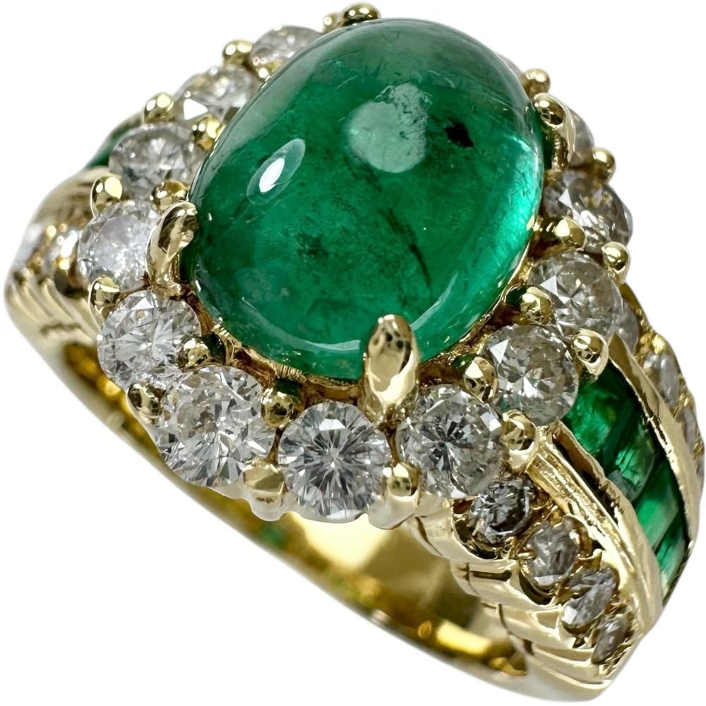10.5号 中央カボションエメラルド 2.11ct 他エメラルド 0.45ct ダイヤモンド 1.03ct リング 指輪 K18ゴールド 18金 9.4g レディース 真子質店 NN