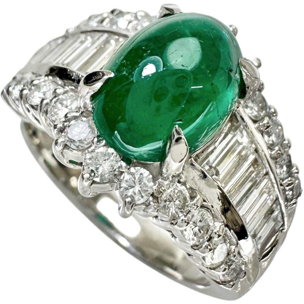 12号 カボションエメラルド 2.38ct ダイヤモンド 1.30ct リング 指輪 Pt900プラチナ 11.4g レディース 真子質店 NN