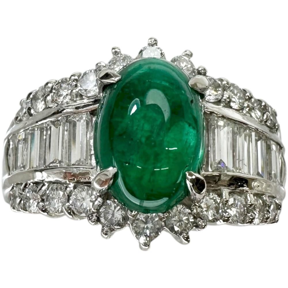 12号 カボションエメラルド 2.38 ct ダイヤモンド 1.30 リング 指輪 Pt 900プラチナ 11.4 g レディース NN
