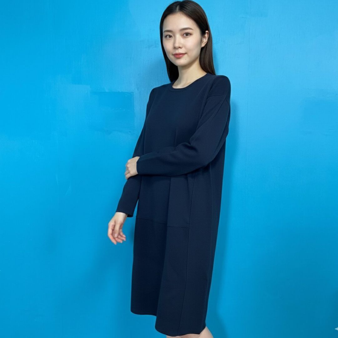 1005 23区 ニット風ワンピース 38 ネイビー バックジップ 七分袖