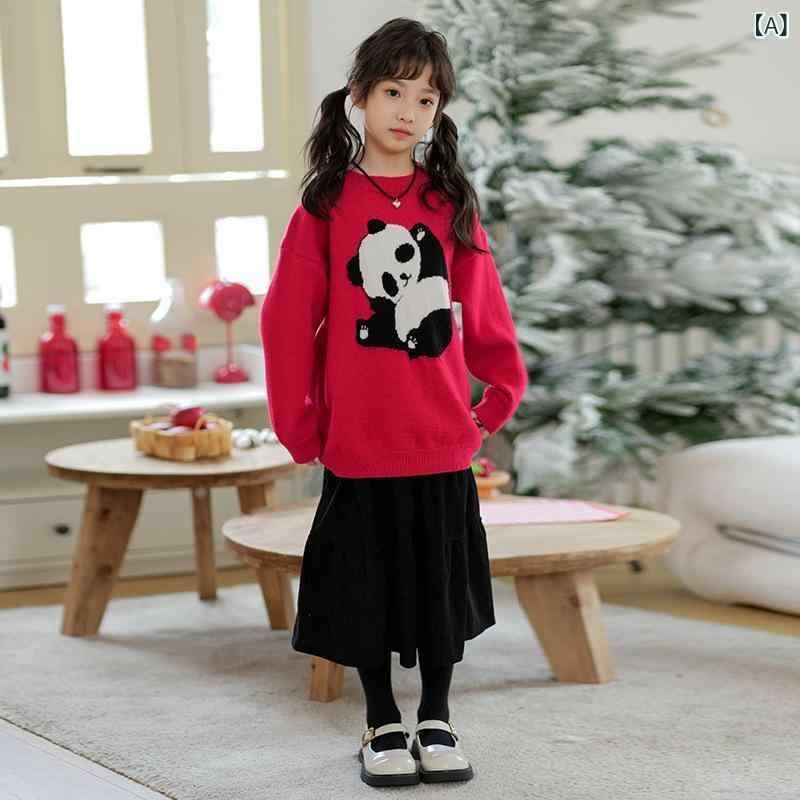 子供 ニット セーター セットアップ 秋冬 クリスマス 新年 女の子 向け 厚手 パンダ コーデュロイ スカート かわいい 120cm 130cm 140cm 15