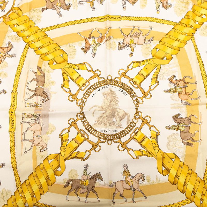 エルメス カレ90 LES ALLVRES DV CHEVAL 馬のリボン飾り イエロー マルチ シルク レディース HERMES 1-0239631