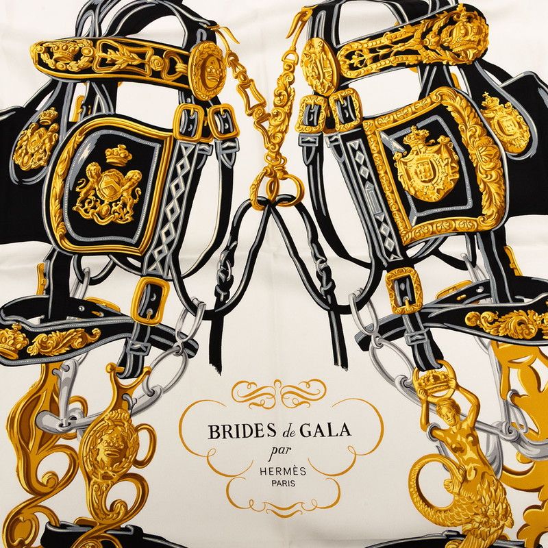 エルメス カレ90 BRIDES de GALA 式典用の馬勒 ブラック マルチ シルク レディース HERMES 1-0239841