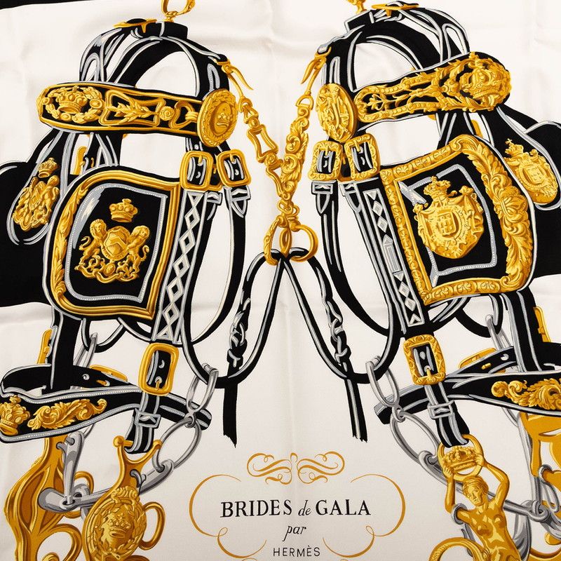 エルメス カレ90 BRIDES de GALA 式典用の馬勒 ブラック マルチ シルク レディース HERMES 1-0239844