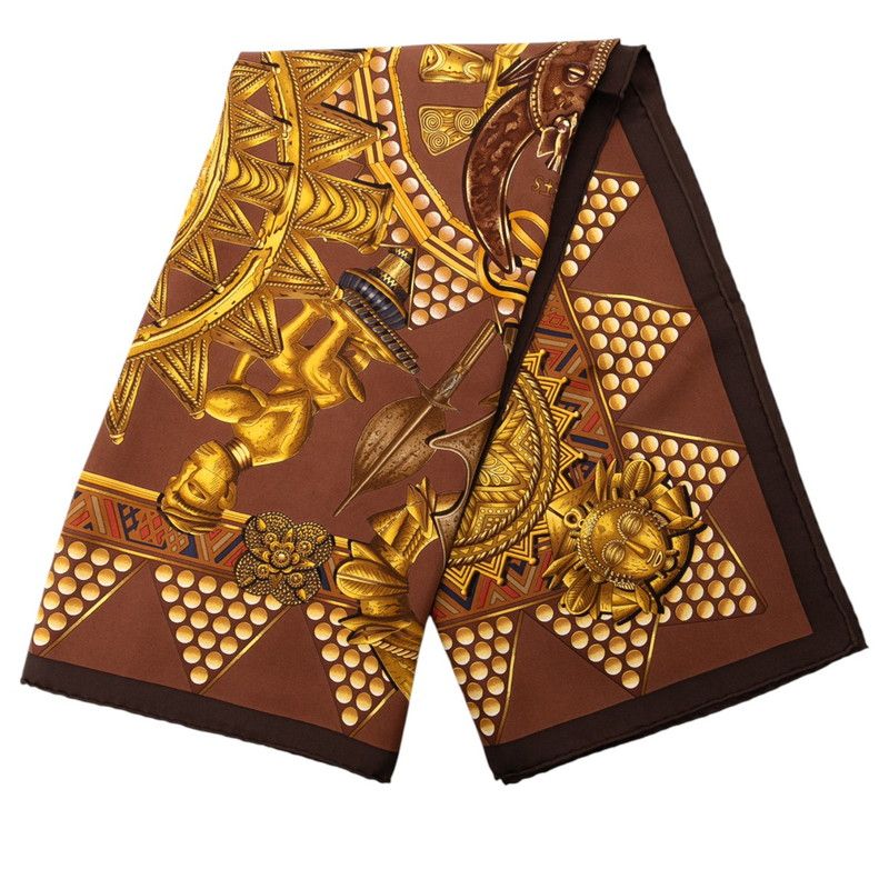 エルメス カレ90 LOR DES CHEFS 首長達の金 ブラウン マルチ シルク レディース HERMES 1 0239858