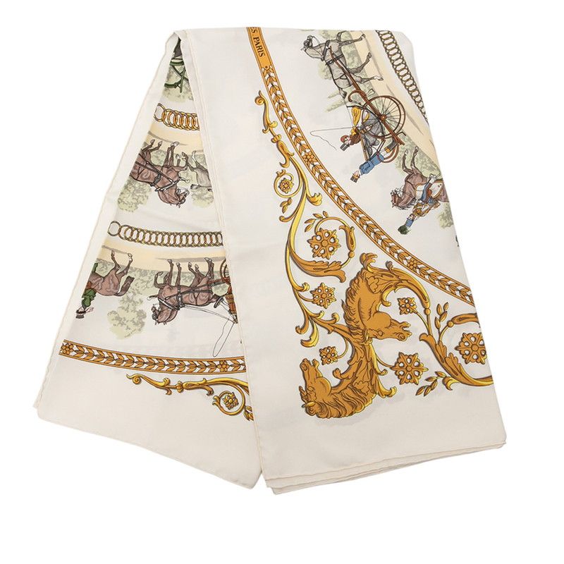 エルメス カレ90 LA PROMENADE DE LONGCHAMPS ロンシャンへの散歩 ホワイト マルチ シルク レディース HERMES 1-0240111