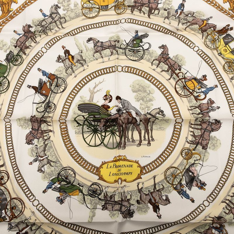 エルメス カレ90 LA DE ロンシャンへの散歩 ホワイト マルチ シルク レディース HERMES 1-0240111