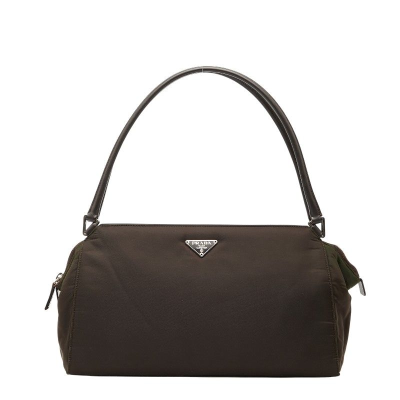 プラダ 三角ロゴプレート ブラウン グリーン ナイロン レザー レディース PRADA【1-0242175】
