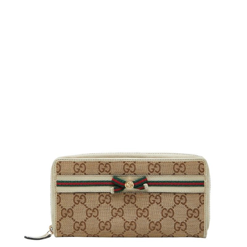 グッチ GGキャンパス シェリーライン リボン ラウンドファスナー 長財布 257003 ベージュ マルチ キャンバス レザー レディース GUCCI 1-0242180