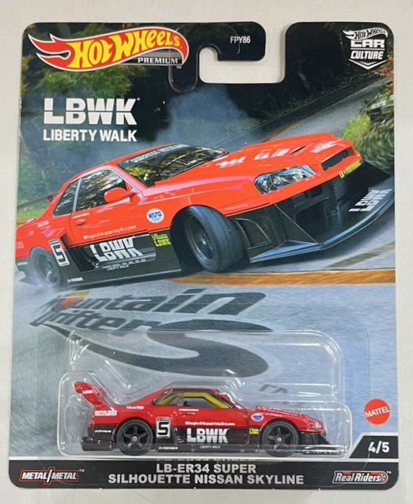 100%新品，大得価 MATTEL HOTWHEELS Mountain Drifters LBWK LIBERTY WALK LB-ER34 SUPER SILHOUETTE NISSAN SKYLINE 4/5 Hot Wheels(ホットウィール)