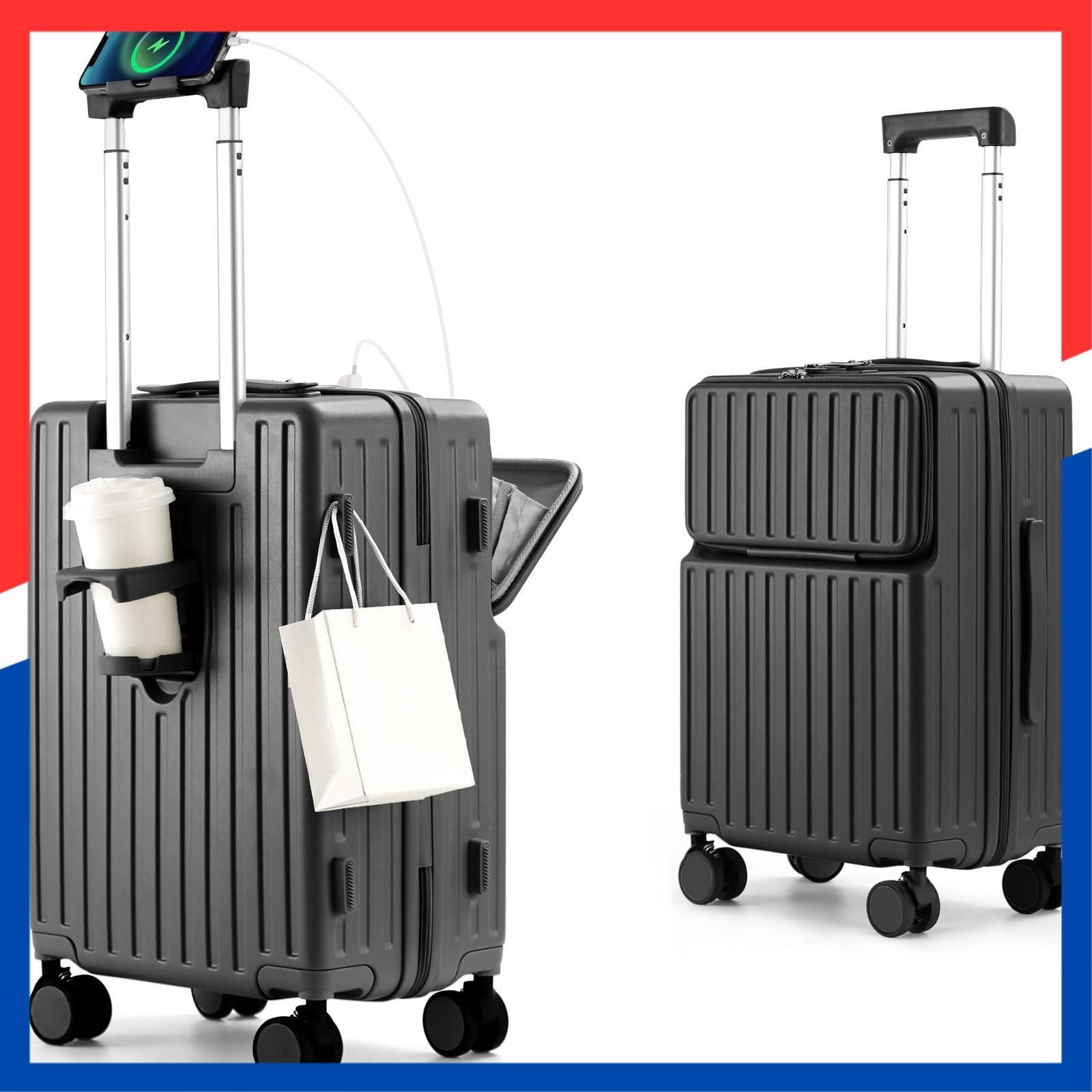 キャリーバッグ 前開き USBポート付き 耐衝撃 360度回転 超軽量 ダブルキャスター キャリーケース 軽量 機内持ち込み 旅行 スーツケース ビジネス スーツケース 出張 フロントオープン ブラック Mularda