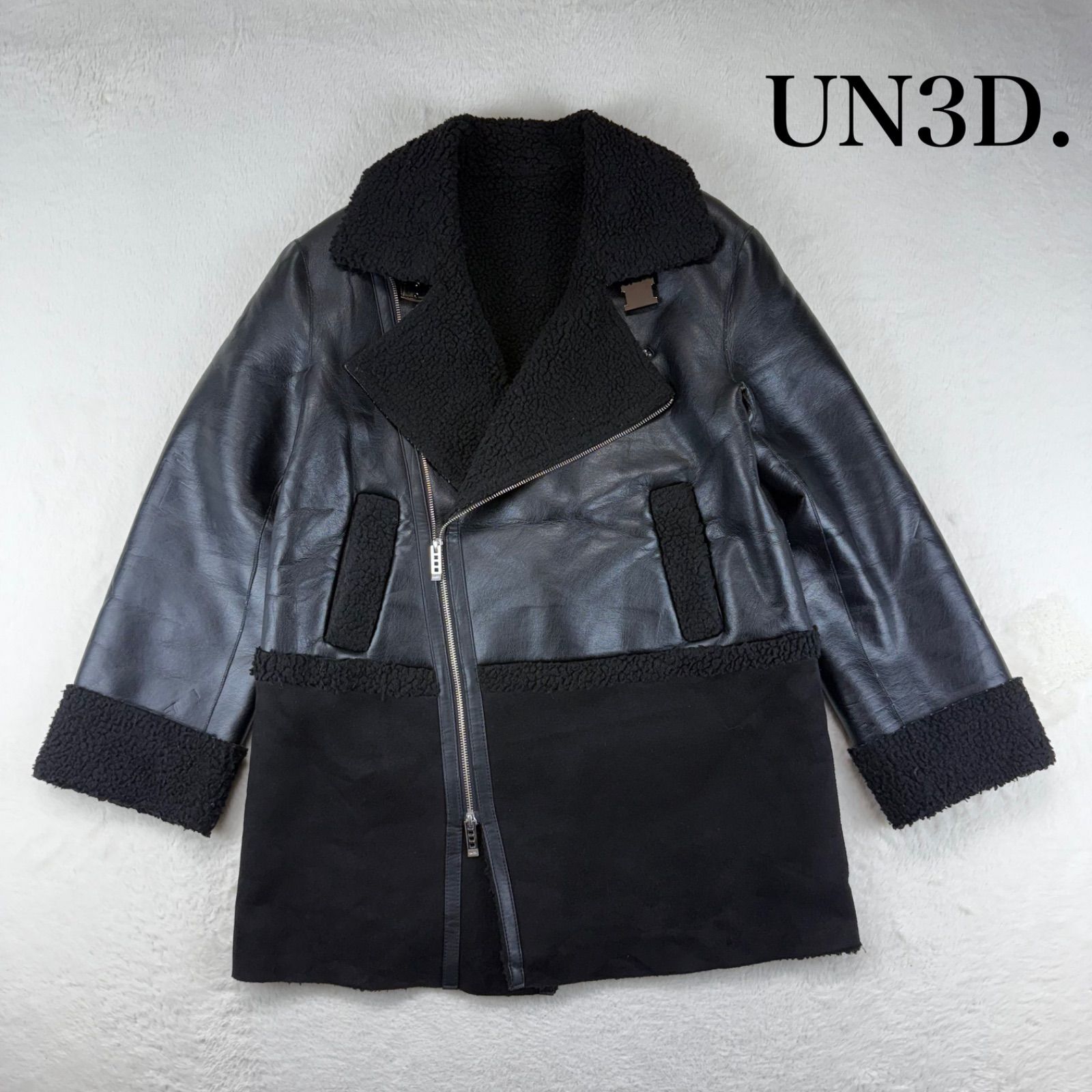 UN3D. アンスリード エコムートンライダースコート レザーライダース ハーフコート フェイクレザー ボア ブラック 黒 サイズ38 ダブルジップ Mサイズ