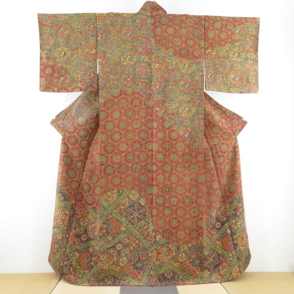 小紋 インド更紗文様 袷 広衿 茶紫色 正絹 仕立て上がり カジュアル