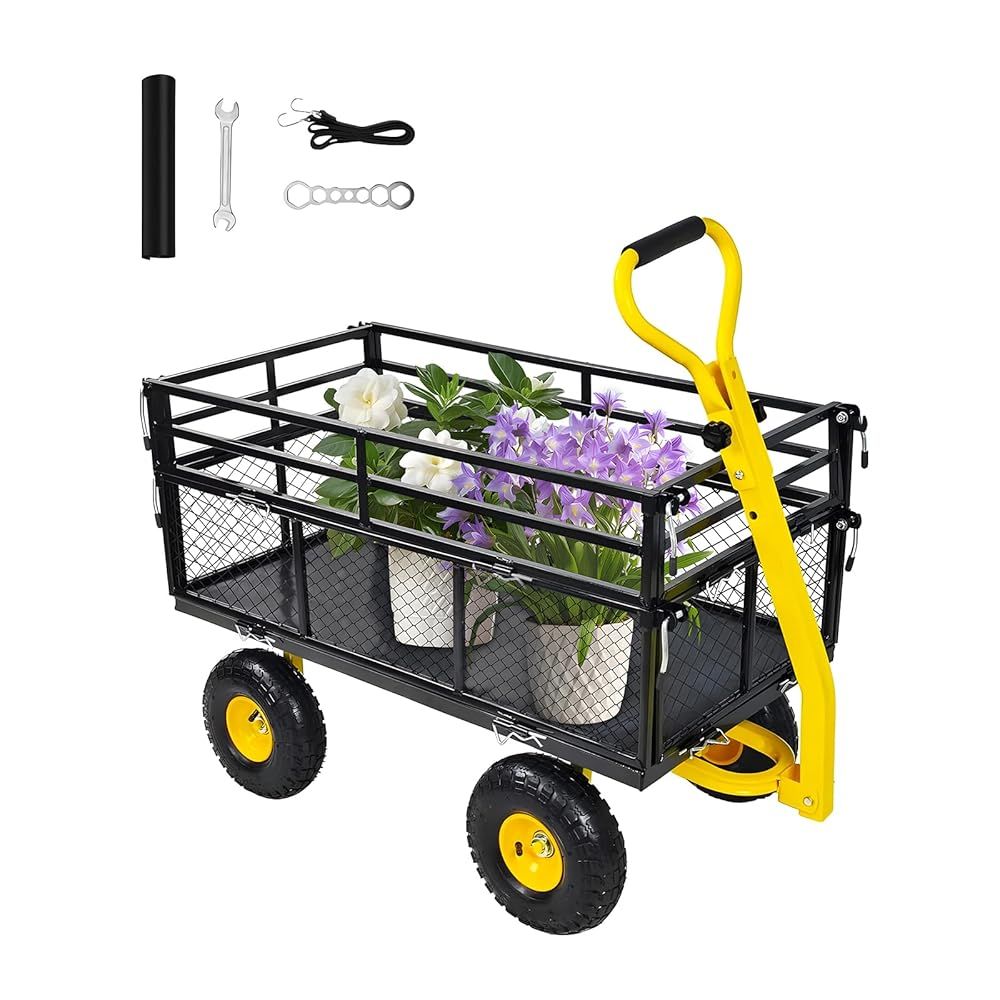 品 につき 価格 ガーデンカート 大号 カゴ付き 手引き台車 スチールメッシュカート 鋼製 耐荷重500KG ブラック