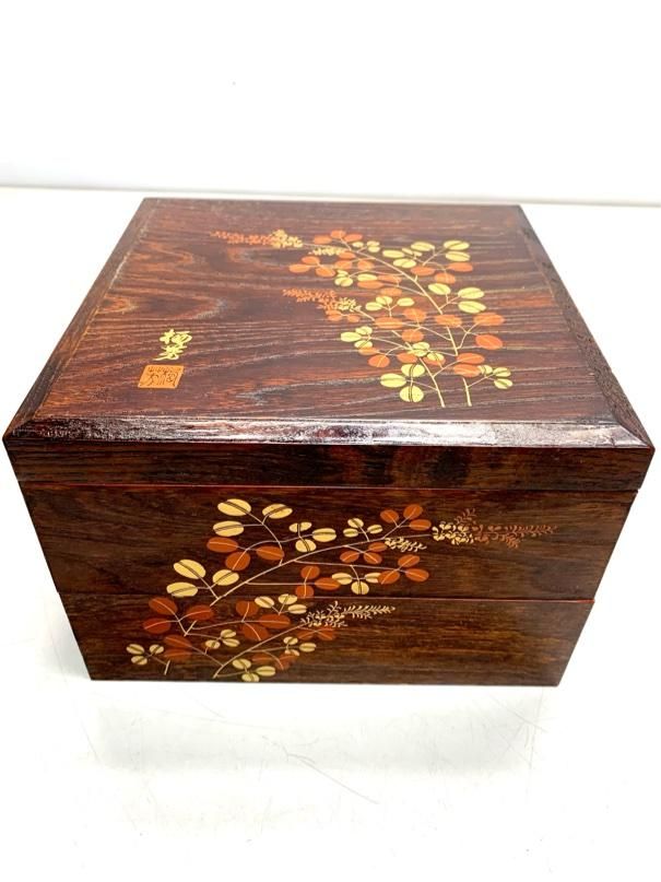 希少 重箱 栖芳作 春慶塗 二段重 二段 塗り竹渕 萩模様 茶道具 漆芸