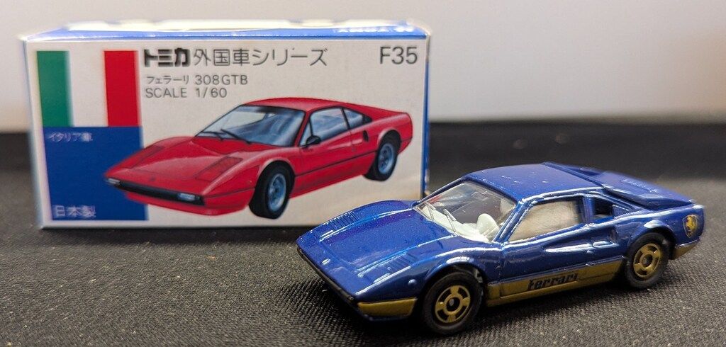 トミー トミカ青箱 フェラーリ308GTB 紺ボディ 2F金 FERRARI金色ライン抜き文字タンポ F35-1-6