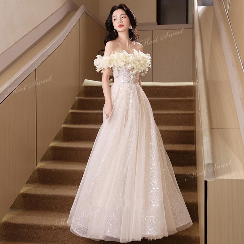 ドレス ウェディングドレス シャンパン ベージュ オフショルダー フラワー ウエディングドレスドレス パーティードレス 演奏会 発表会 結婚式 二次会