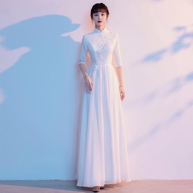 ドレス ロングドレス Aラインドレス 立ち襟 チャイナ襟 5分袖 演奏会 発表会 コンサート コンクール 舞台 コーラス 演出服 オーケストラ ステージ衣装