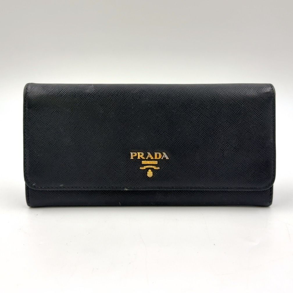 PRADA 二つ折り 長 レザー ブラック 財布 ゴールド