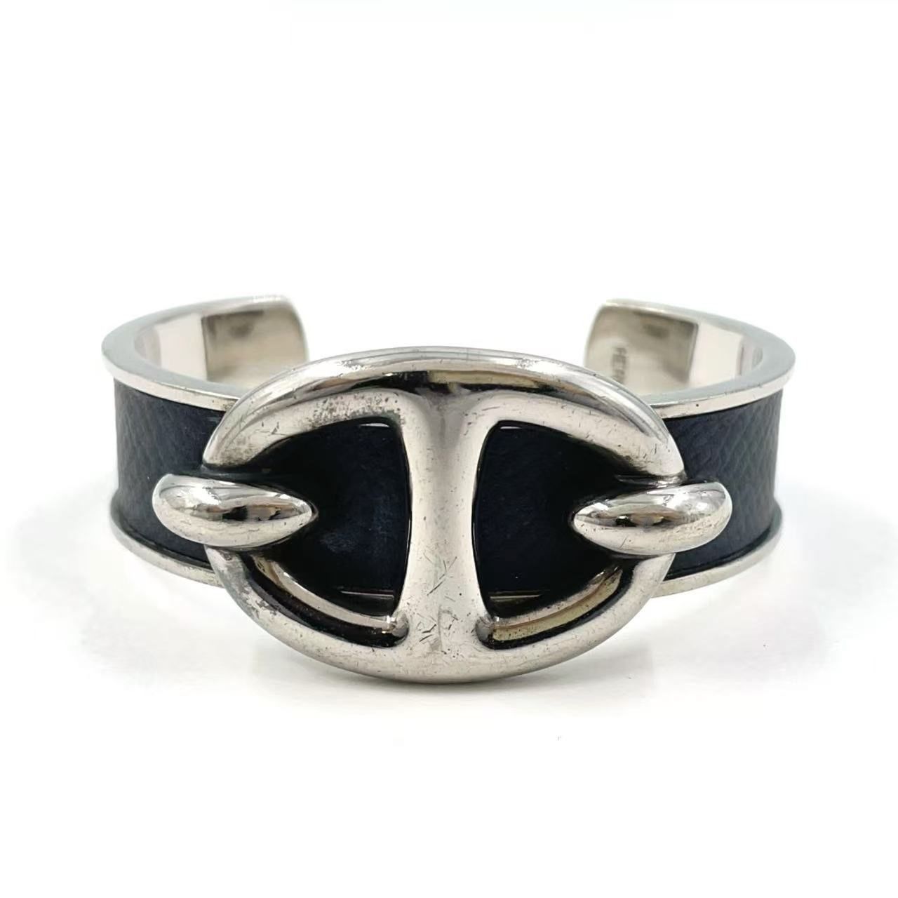 HERMES シェーヌダンクル ブレスレット レザー×メタル シルバー×ブラック バングル