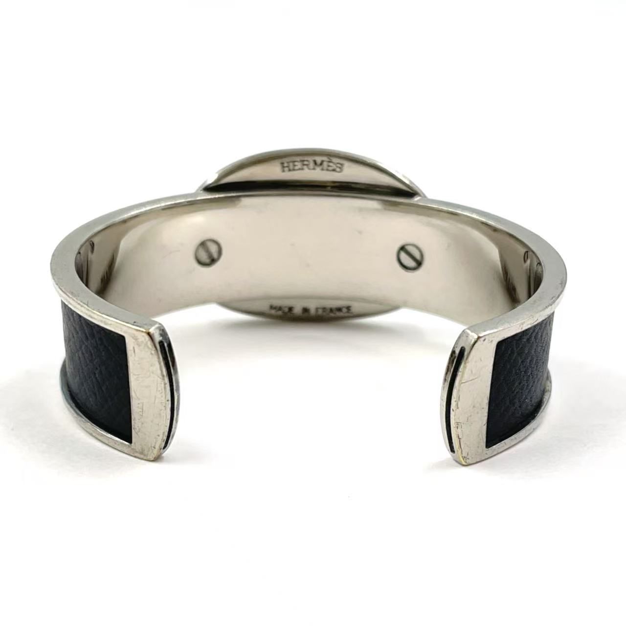 HERMES シェーヌダンクル ブレスレット レザー×メタル シルバー×ブラック バングル