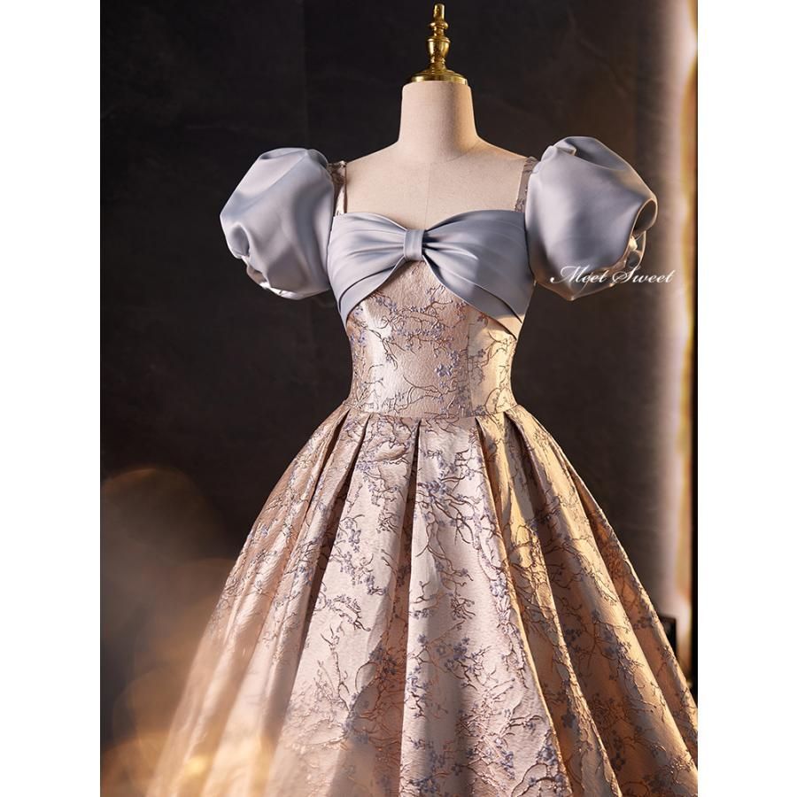 ドレス Aラインドレス ロングドレス シャンパン パフスリーブ 花柄 半袖 ウェディングドレス 結婚式 二次会 花嫁 前撮り 演奏会 発表会 ステージ衣装