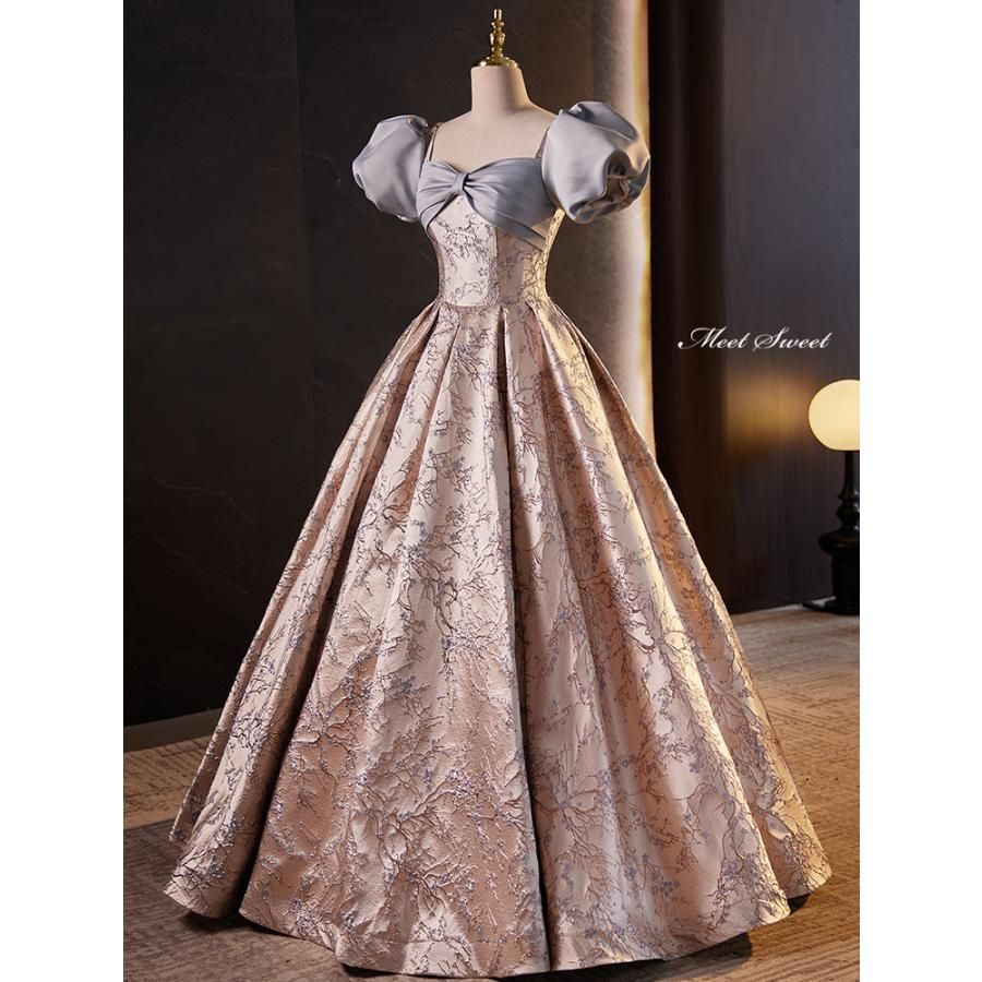 安心な ドレス Aラインドレス ロングドレス シャンパン パフスリーブ 花柄 半袖 ウェディングドレス 結婚式 二次会 花嫁 前撮り 演奏会 発表会 ステージ衣装 トップス