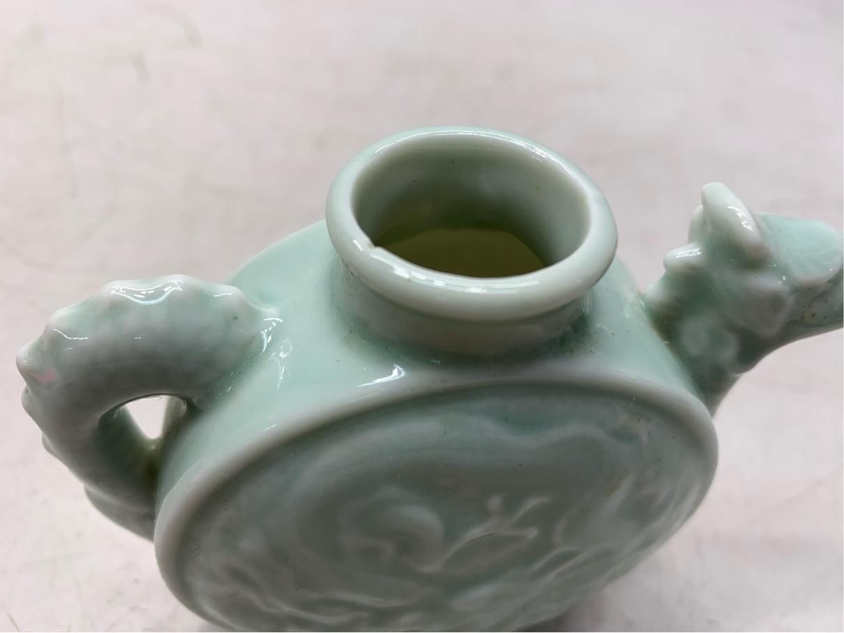 アンティーク 水差し 陶器 青磁 龍 竜 中国美術 ヴィンテージ レトロ