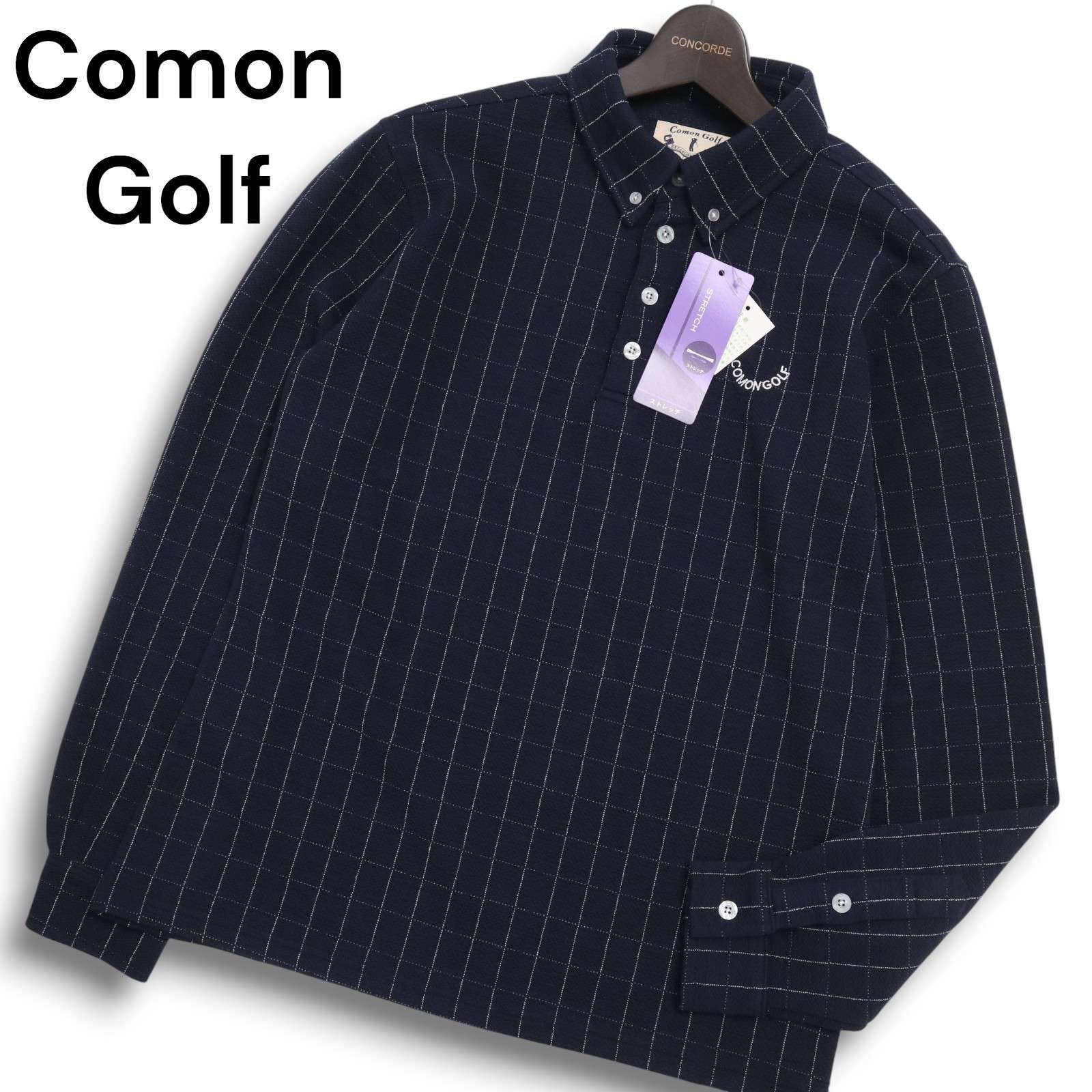 新作入荷，100%新品 【新品 未使用】 Comon Golf コモン ゴルフ 通年 ストレッチ★ ウィンドウペン チェック 長袖 BD ポロシャツ Sz.L メンズ 紺 シャツ