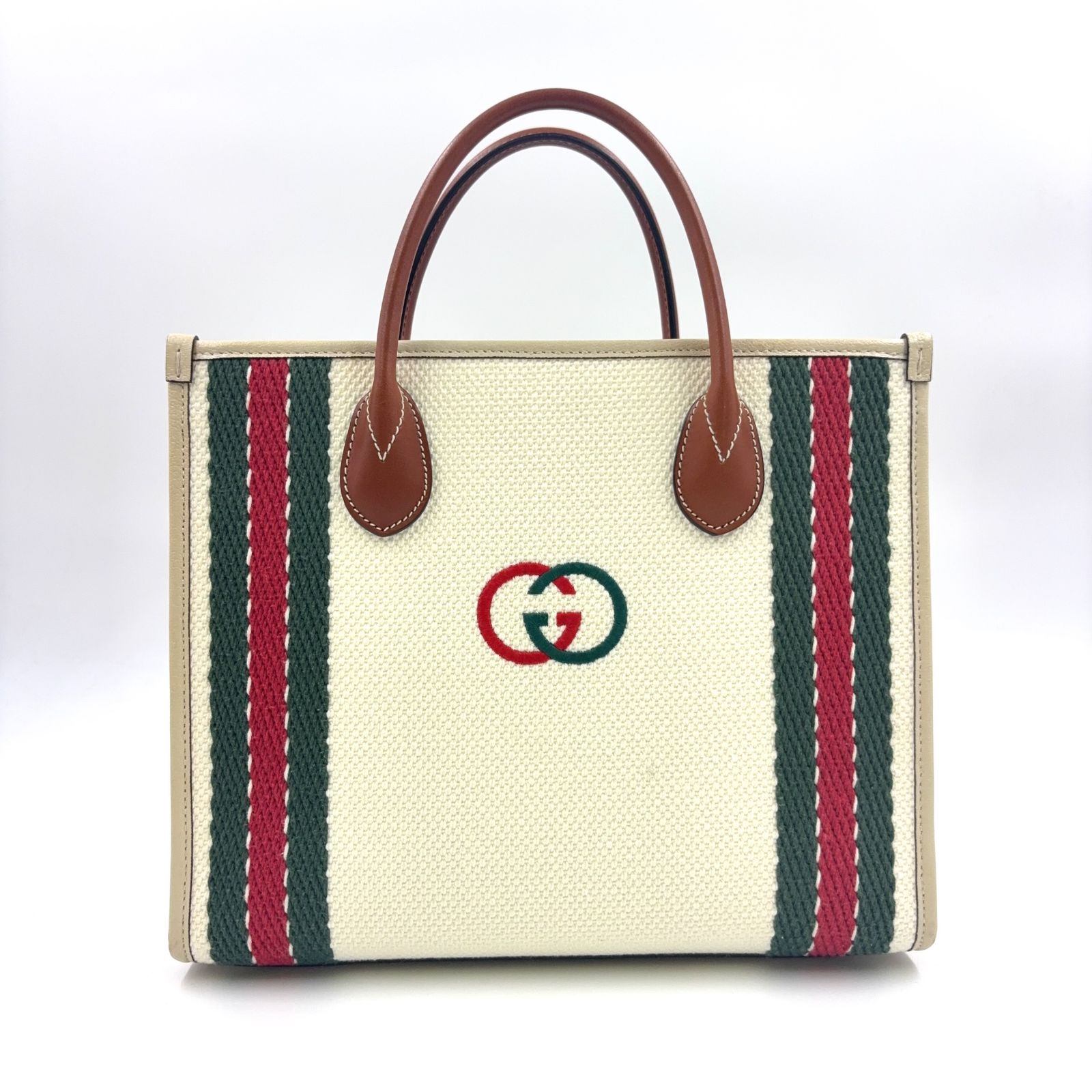 GUCCI インターロッキングG 2WAY ショルダー レザー×キャンバス オフホワイト×ライトブラウン トートバッグ シルバー 701737