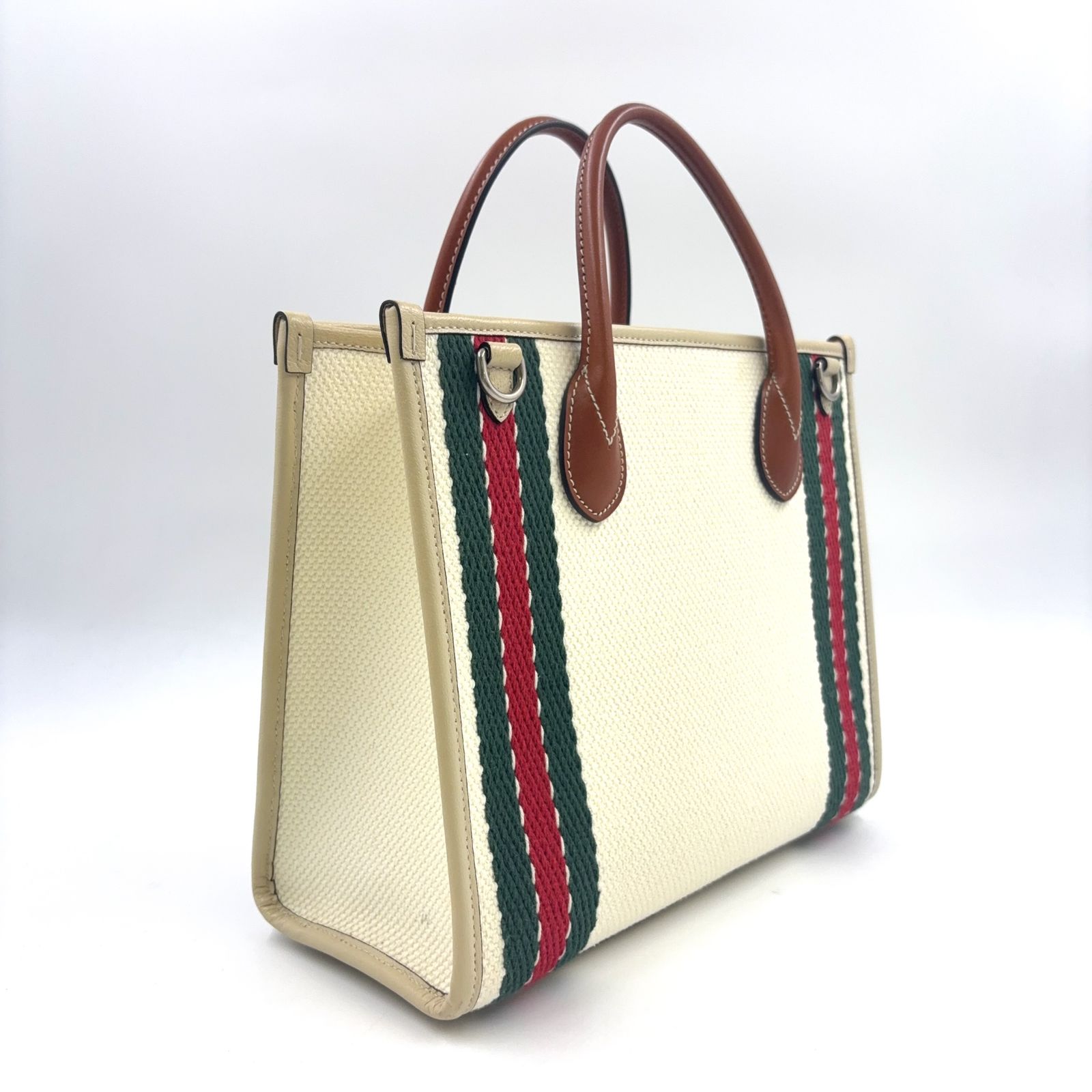 GUCCI インターロッキングG 2WAY ショルダー レザー×キャンバス オフホワイト×ライトブラウン トートバッグ シルバー 701737