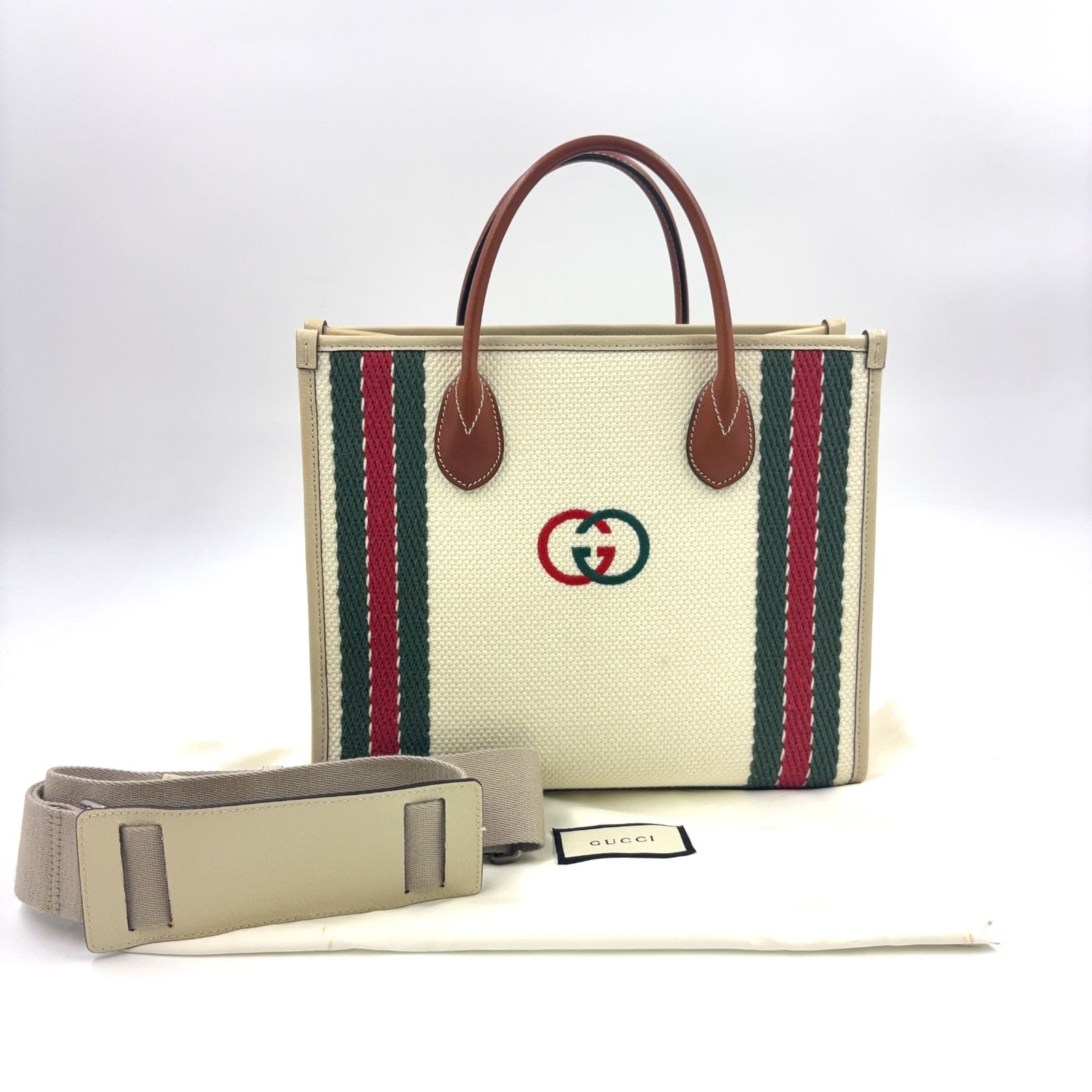  GUCCI インターロッキングG 2 WAY ショルダー レザー×キャンバス オフホワイト×ライトブラウン トートバッグ シルバー 701737 トートバッグ バッグ