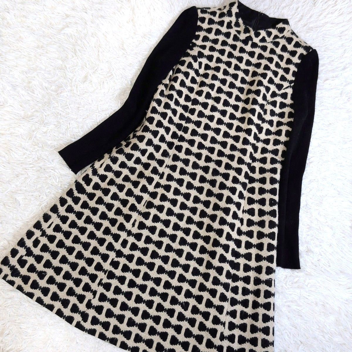 M S GRACY エムズグレイシー リボン柄ニットワンピース 現行タグ ウール 長袖 バックジップ 大きいサイズ 42 切り替え ベージュ ブラック 総柄 長袖