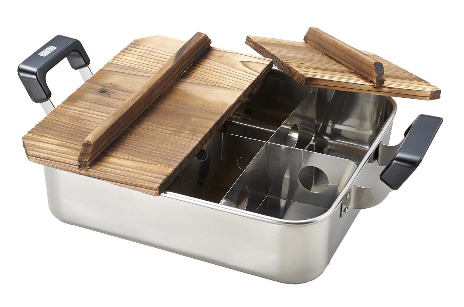 だんらん ステンレス製 木蓋 付 角型 おでん鍋 28×24cm 仕切板付 H-4827