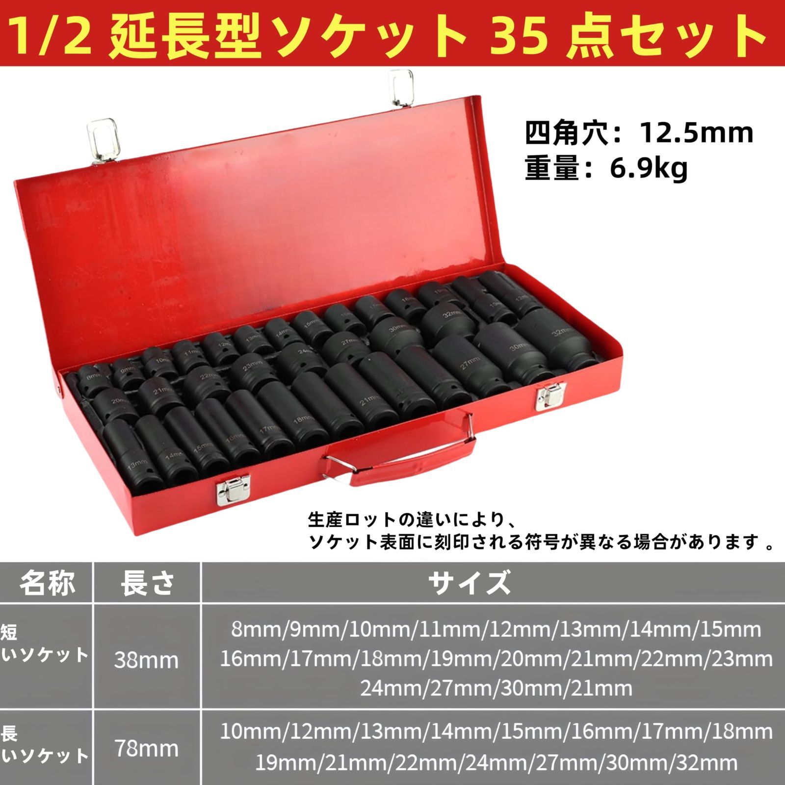 1 2 12.7mm クロムモリブデン鋼 六角 製 耐食 耐摩耗 インパクトソケットセット35個セット 収納ケース付き ディープ&ショートタイプ