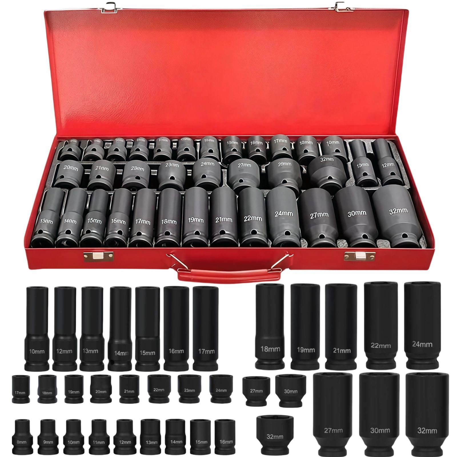1 2 12.7mm クロムモリブデン鋼 六角 製 耐食 耐摩耗 インパクトソケットセット35個セット 収納ケース付き ディープ＆ショートタイプ