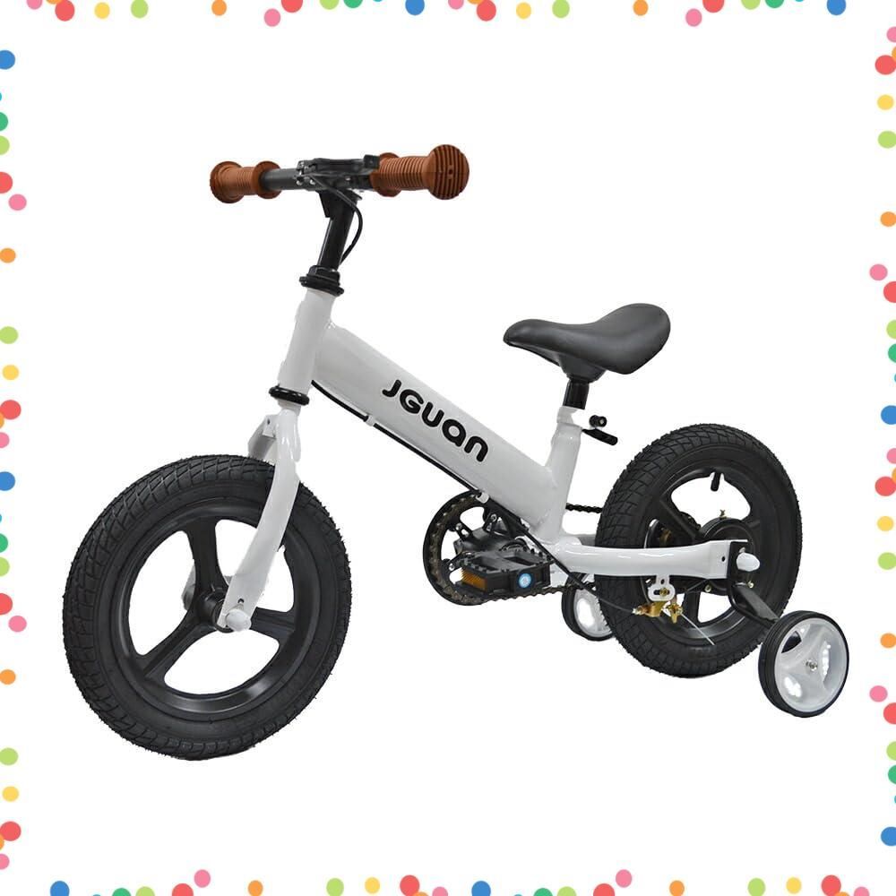 ホワイト ランニングバイク 補助輪付き 12インチ キッズバイク ブレーキ付き ペダル後付け 3Way 2-5歳用 キックバイク