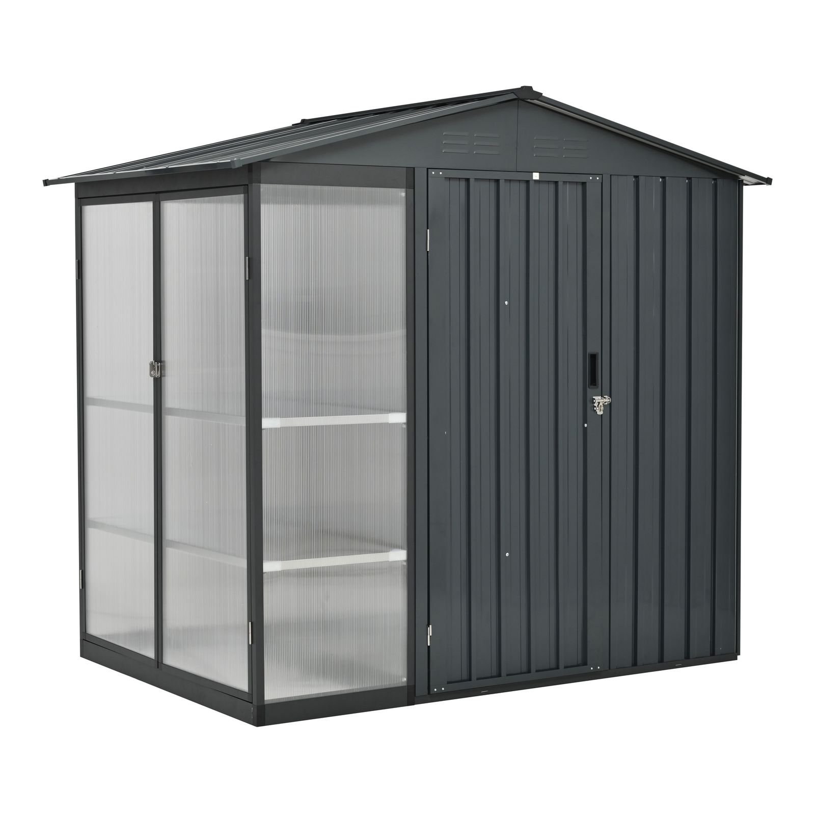 温室付き 物置 屋外 スチール 可動棚 倉庫 戸外収納庫 W180 D121 H180cm 物置き おしゃれ 大型 収納庫 屋外物置 防さび ベランダ 防水 ドア スチール物置 屋外収納 ガーデニング 庭 グレー