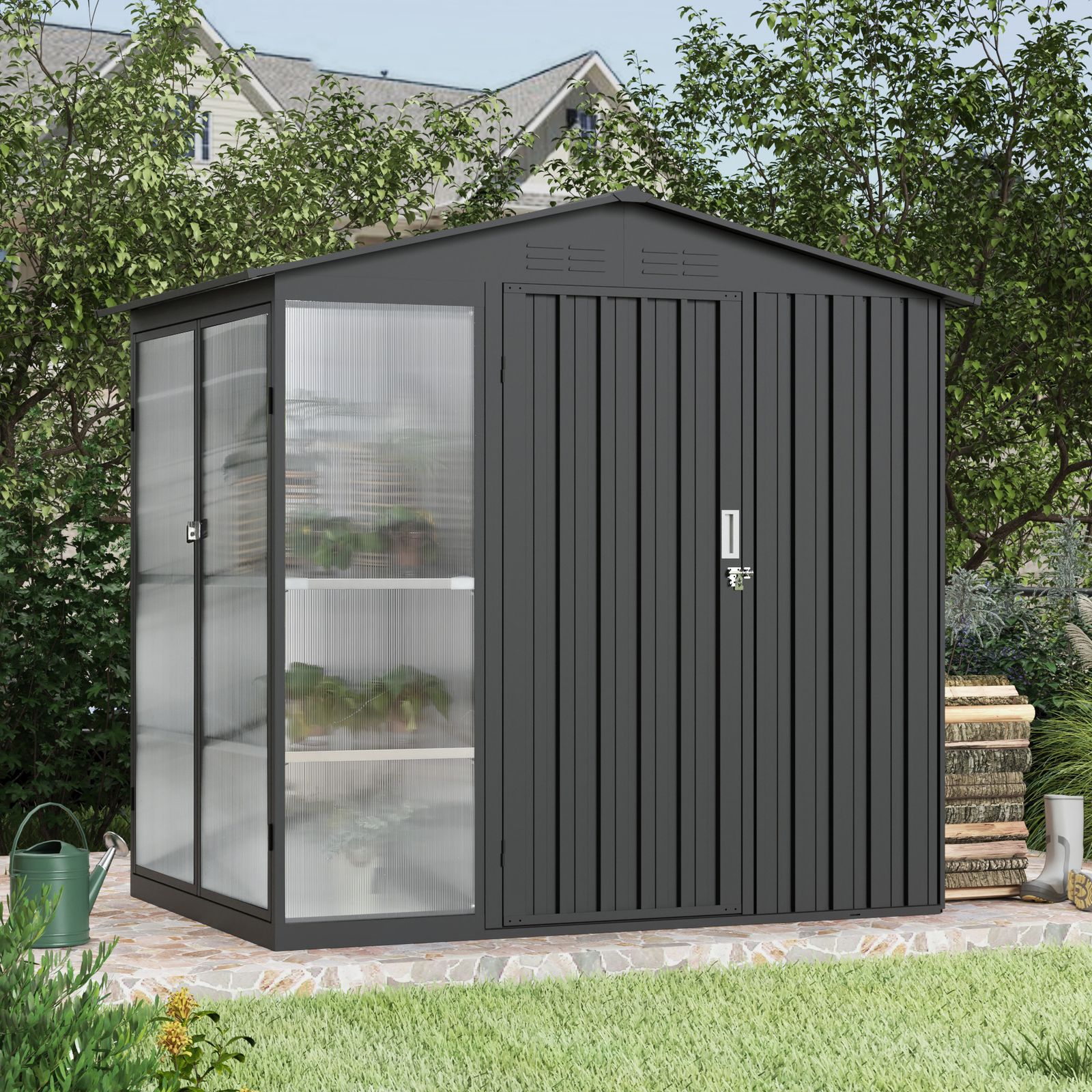 温室付き 物置 屋外 スチール 可動棚 倉庫 戸外収納庫 W180 D121 H180cm 物置き おしゃれ 大型 収納庫 屋外物置 防さび ベランダ 防水 ドア スチール物置 屋外収納 ガーデニング 庭 グレー