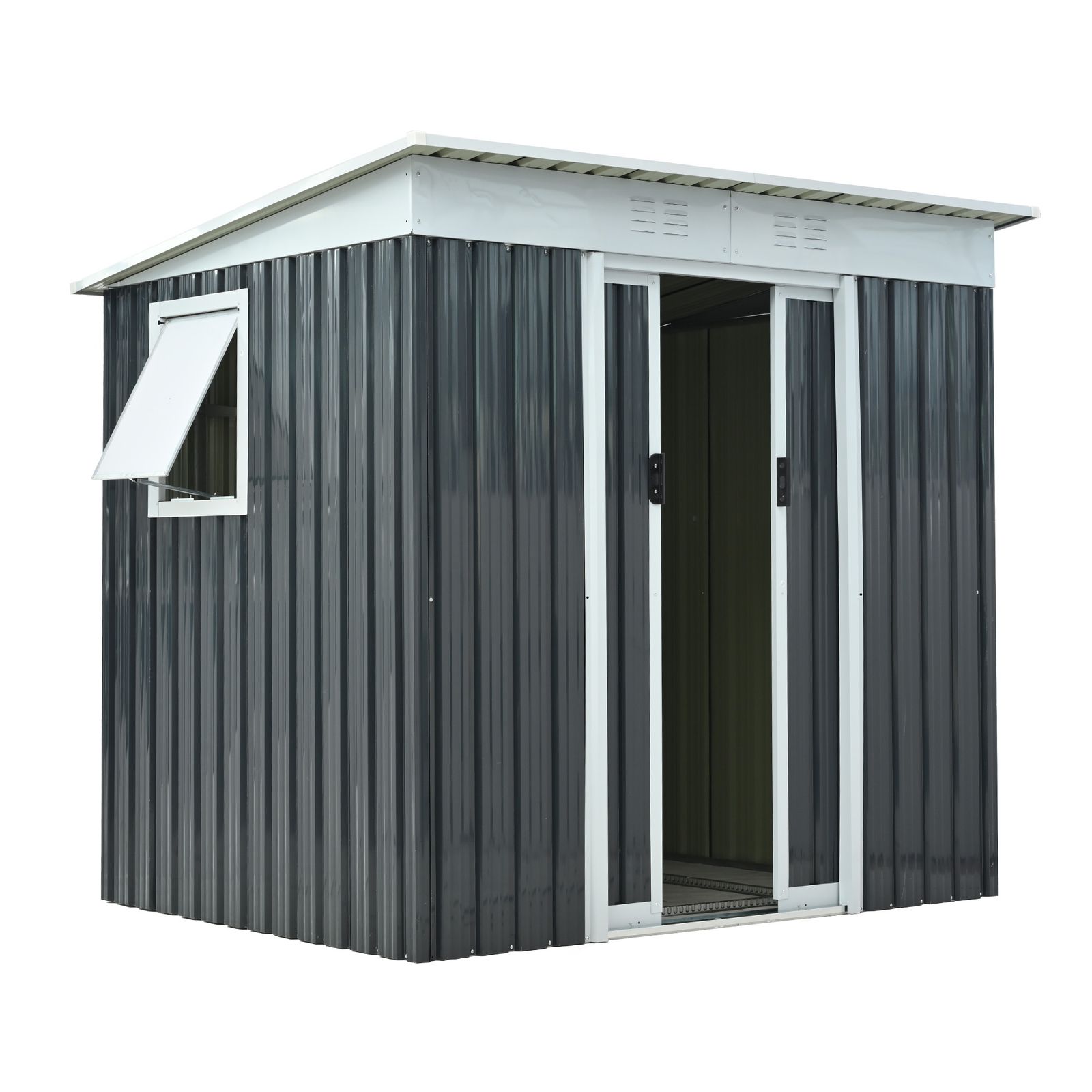 可動棚-すべり出し窓付き 物置 屋外 スチール 倉庫 床材補強フレーム付き 戸外収納庫 W194cm D152cm H174cm 物置き おしゃれ 大型 収納庫 屋外物置 防さび ベランダ 防水 ドア ブルーグレー