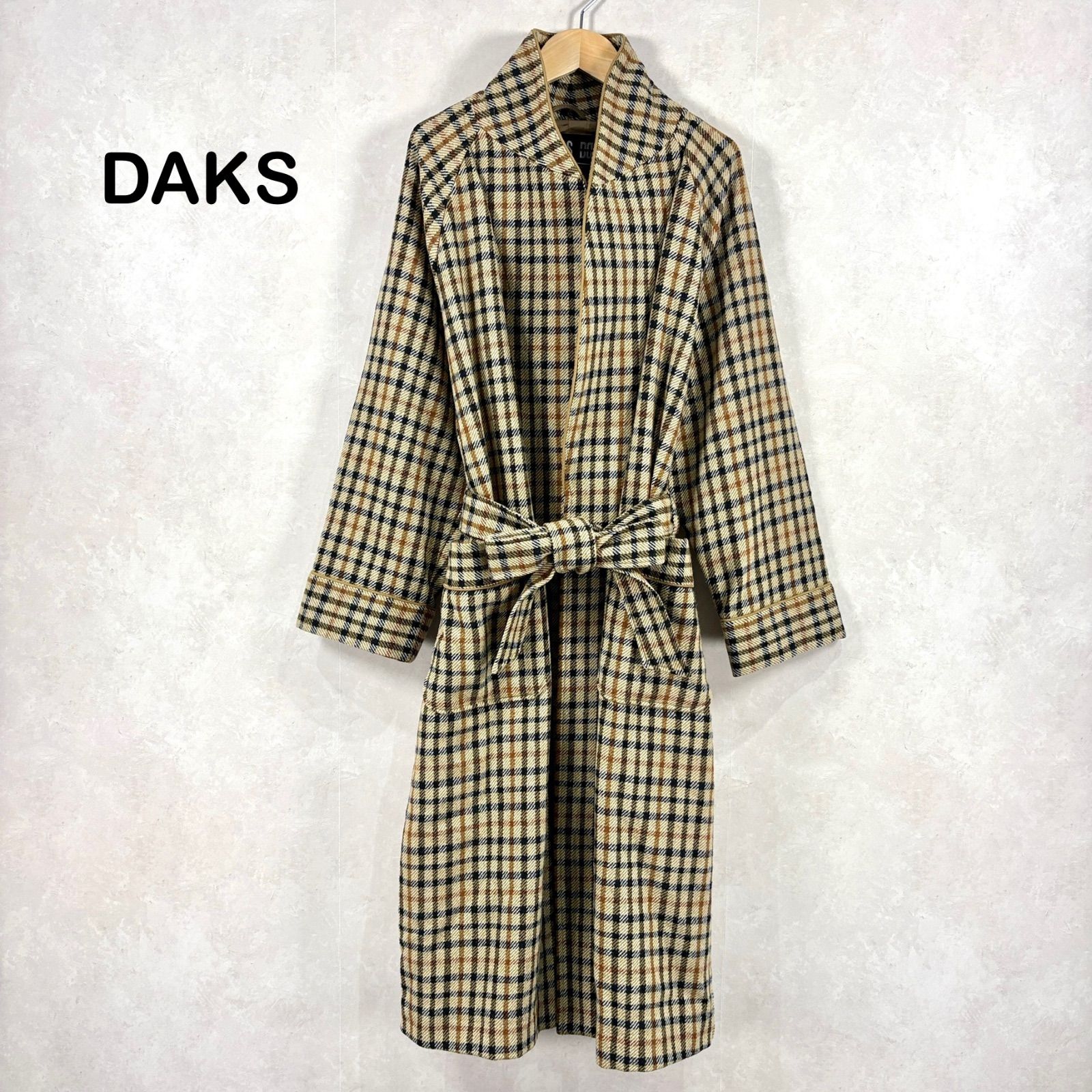 美品 DAKS ダックス 定番チェック 総柄 ウール ガウンコート ウエスト