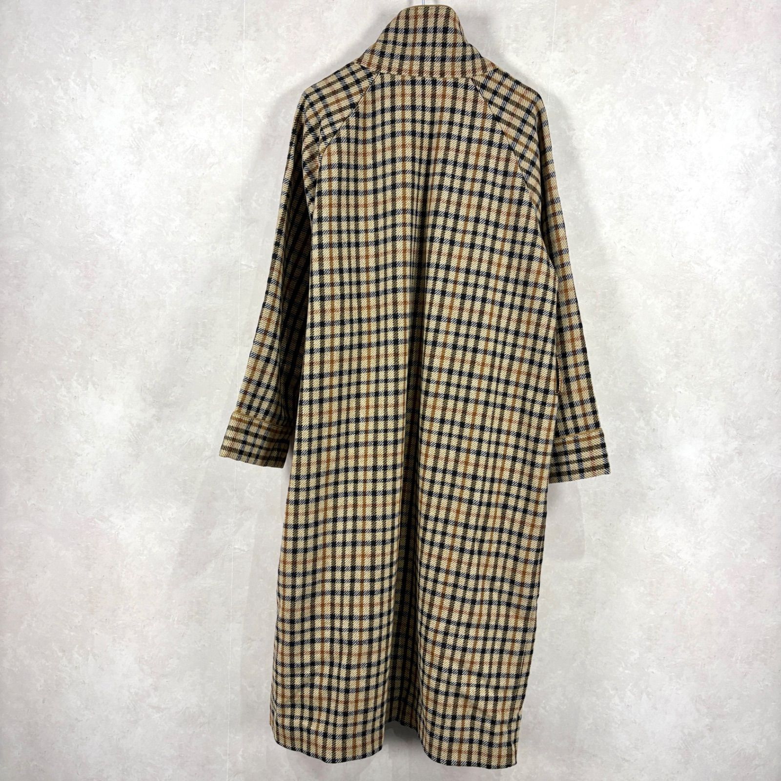 美品 DAKS ダックス 定番チェック 総柄 ウール ガウンコート ウエスト